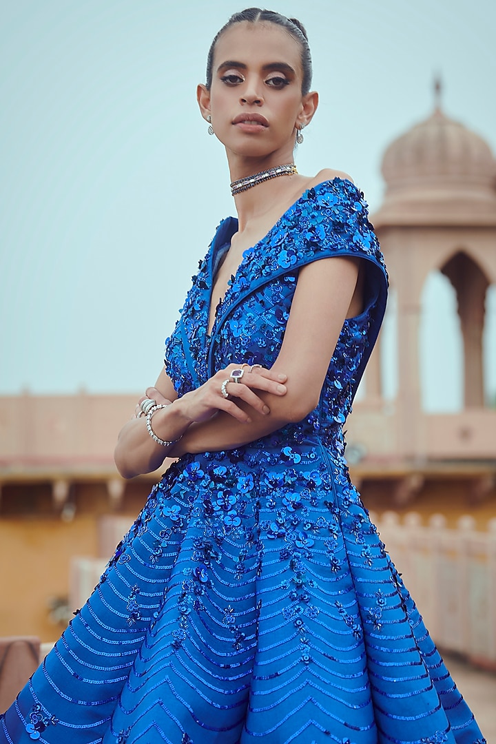 Electric Blue Slub Satin Gown Design by Rachit Khanna at Pernia's Pop Up  Shop 2026