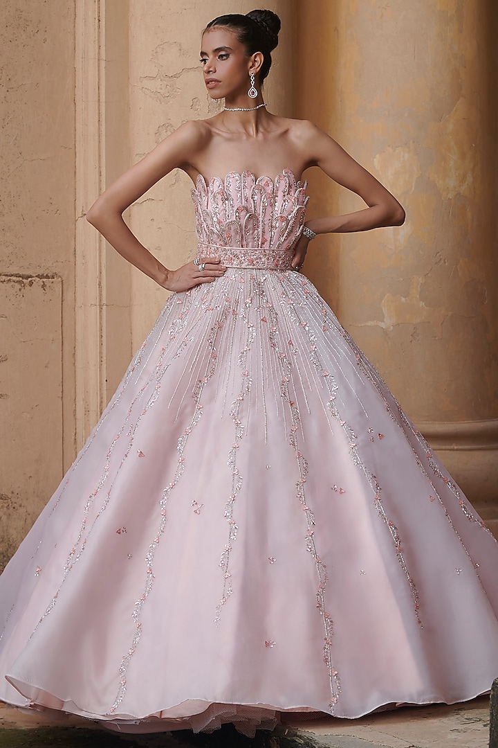 Baby Pink Organza Corset Gown by Rachit Khanna
