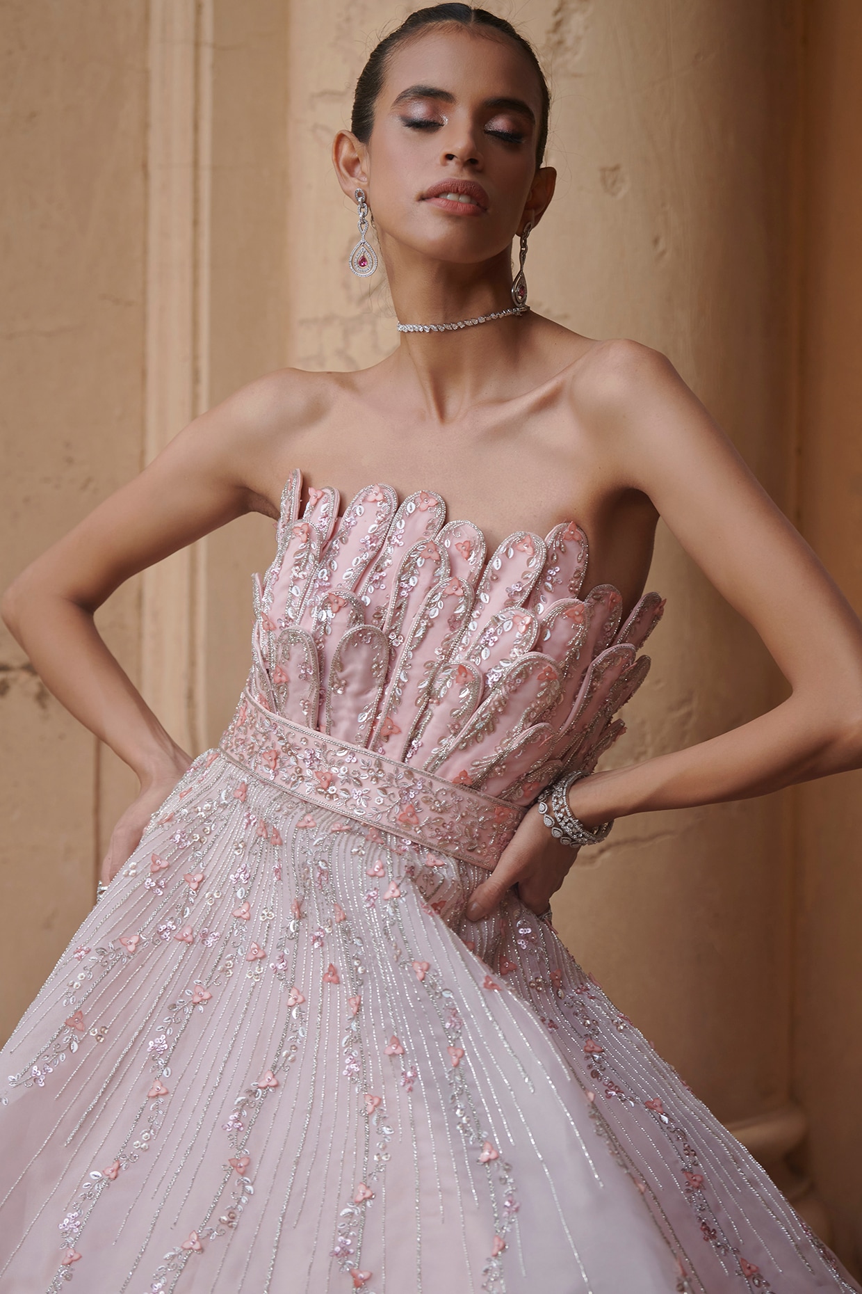 Baby Pink Twirl Flouncy Gown With Frilled Layerd Trail On Back Side |  Designer Gown – www.liandli.in