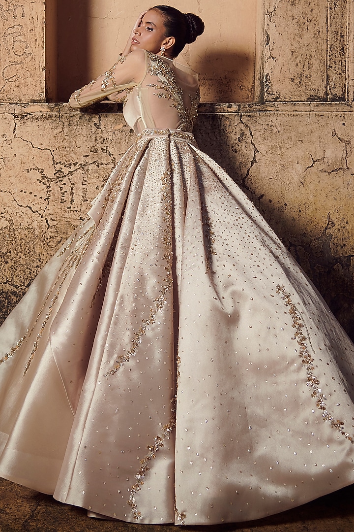 Golden Satin Bridal Gown With Layered Trail by Rachit Khanna at Pernia's Pop Up Shop