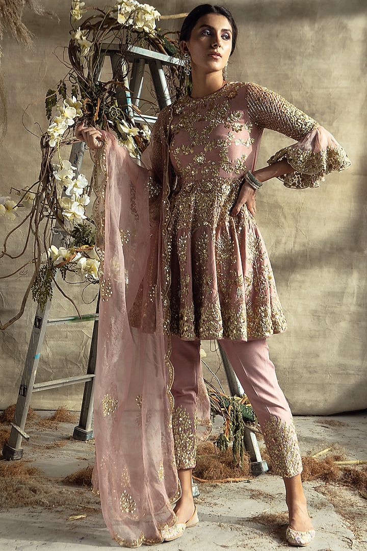 Rose Gold Embroidered Anarkali Set by Rachit Khanna