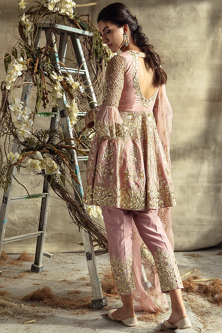 Rose Gold Embroidered Bridal Anarkali Set by Rachit Khanna at Pernia's Pop Up Shop