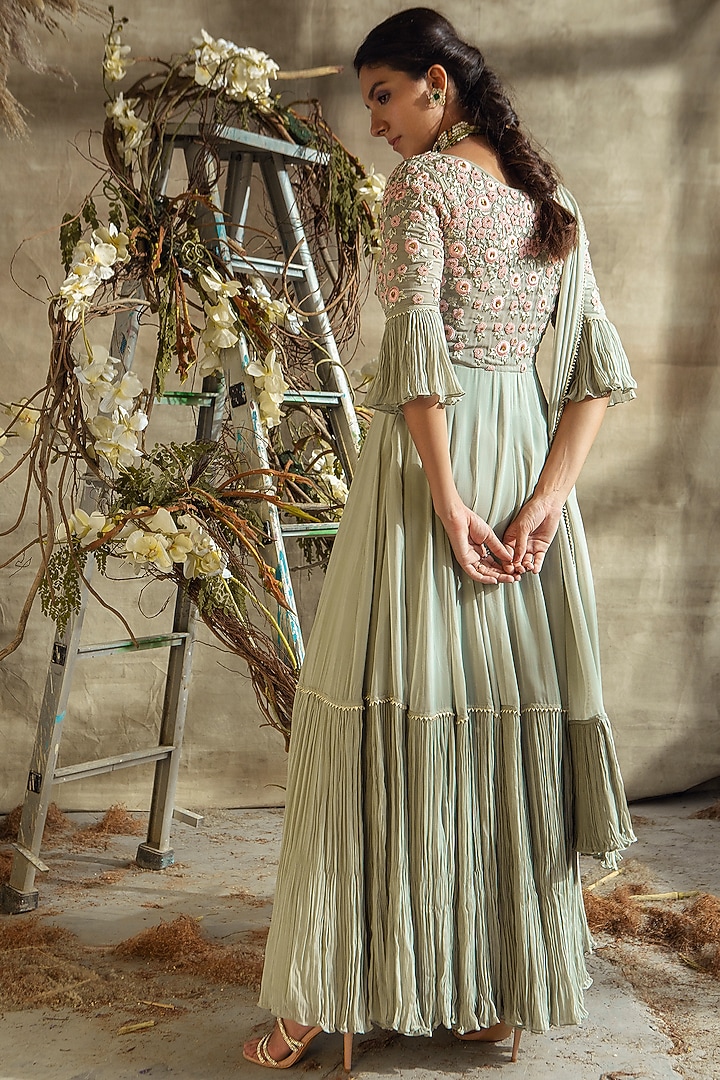 Grey Embroidered Wedding Anarkali Set by Rachit Khanna at Pernia's Pop Up Shop