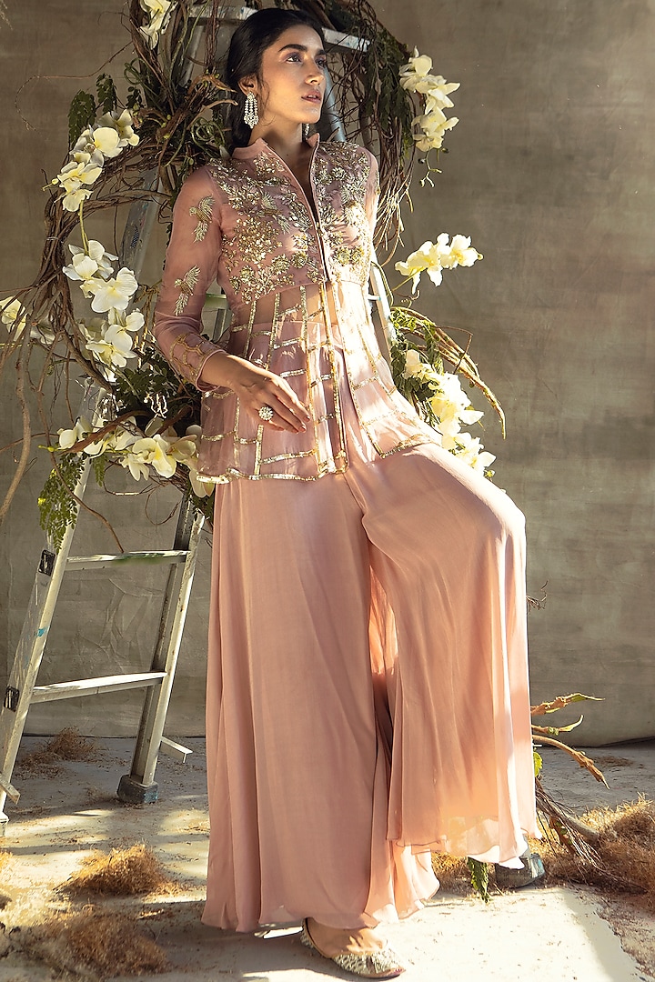 Rose Gold Embroidered Pants Set by Rachit Khanna