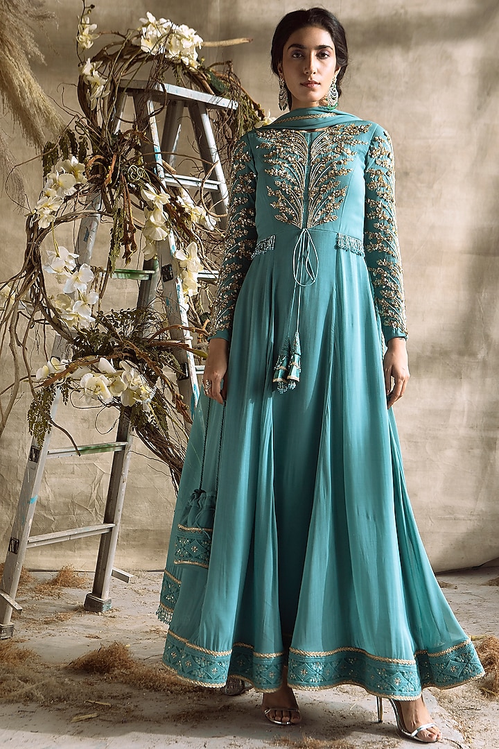 Turquoise Embroidered Anarkali Set by Rachit Khanna