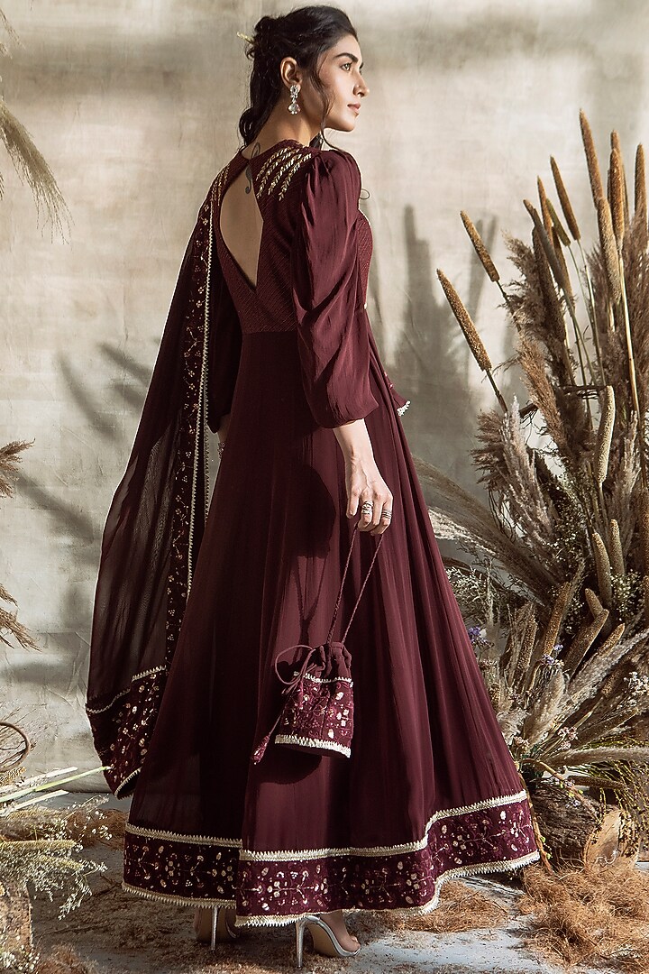Wine Embroidered Wedding Anarkali Set by Rachit Khanna at Pernia's Pop Up Shop