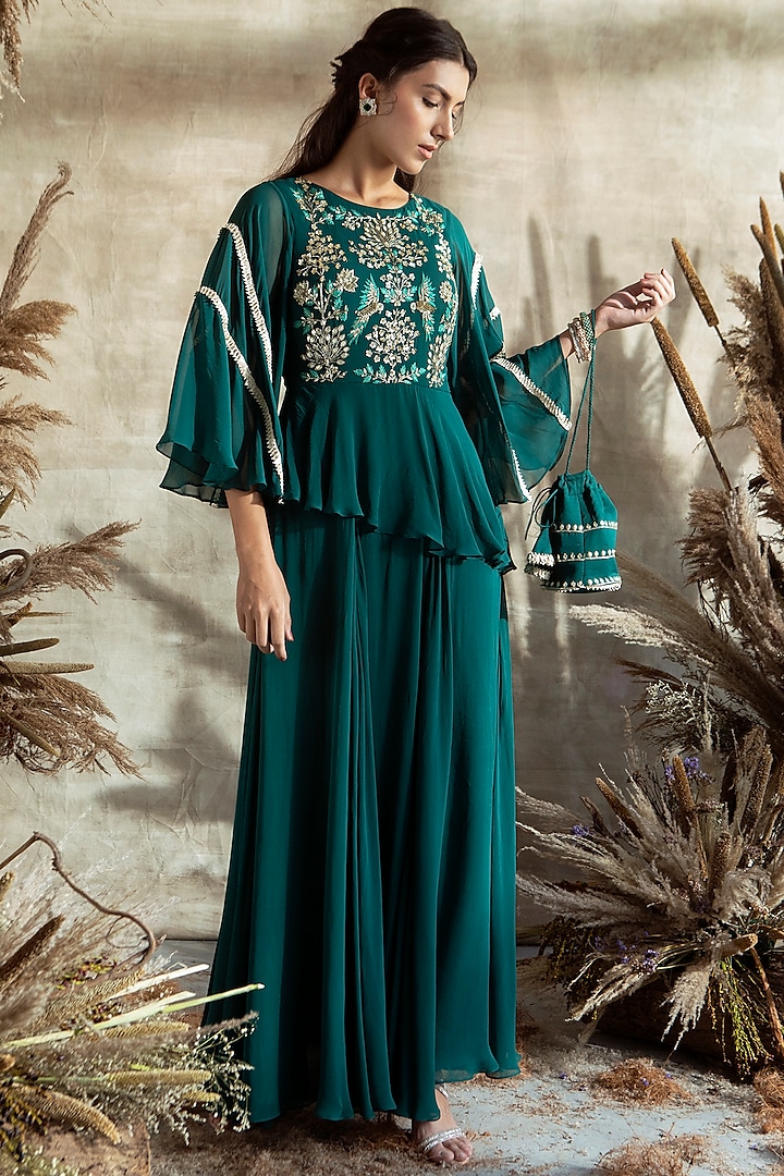 Bottle Green Embroidered Anarkali Set Design by Rachit Khanna at Pernia ...