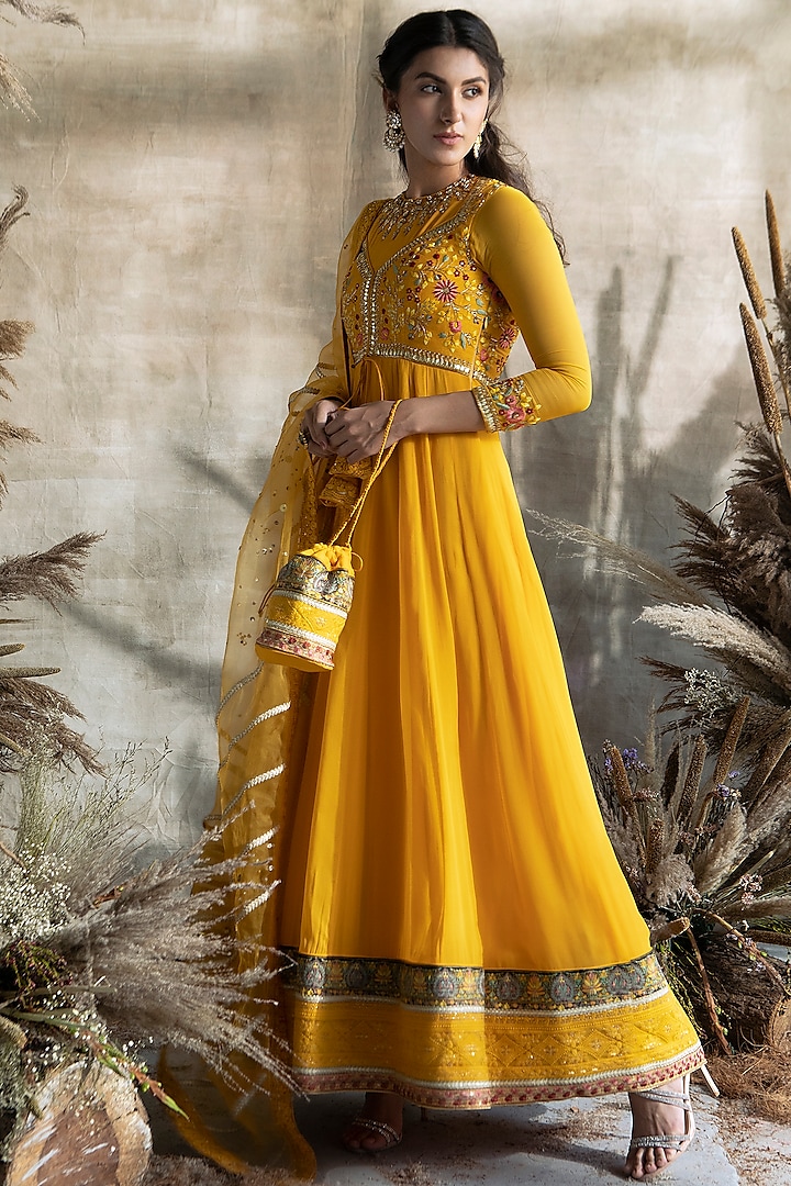 Yellow Embroidered Anarkali Set by Rachit Khanna