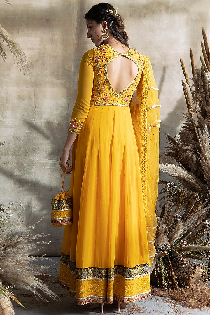 Yellow Embroidered Wedding Anarkali Set by Rachit Khanna at Pernia's Pop Up Shop