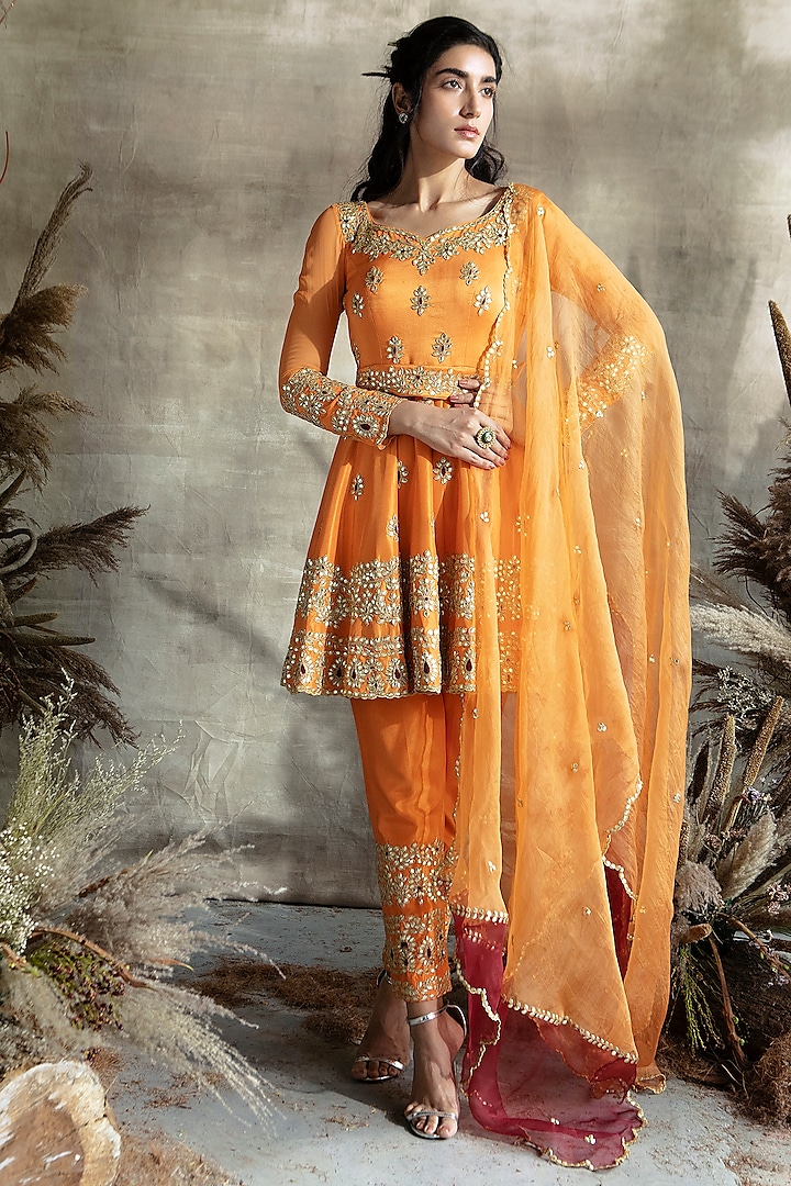 Orange Embroidered Anarkali Set by Rachit Khanna