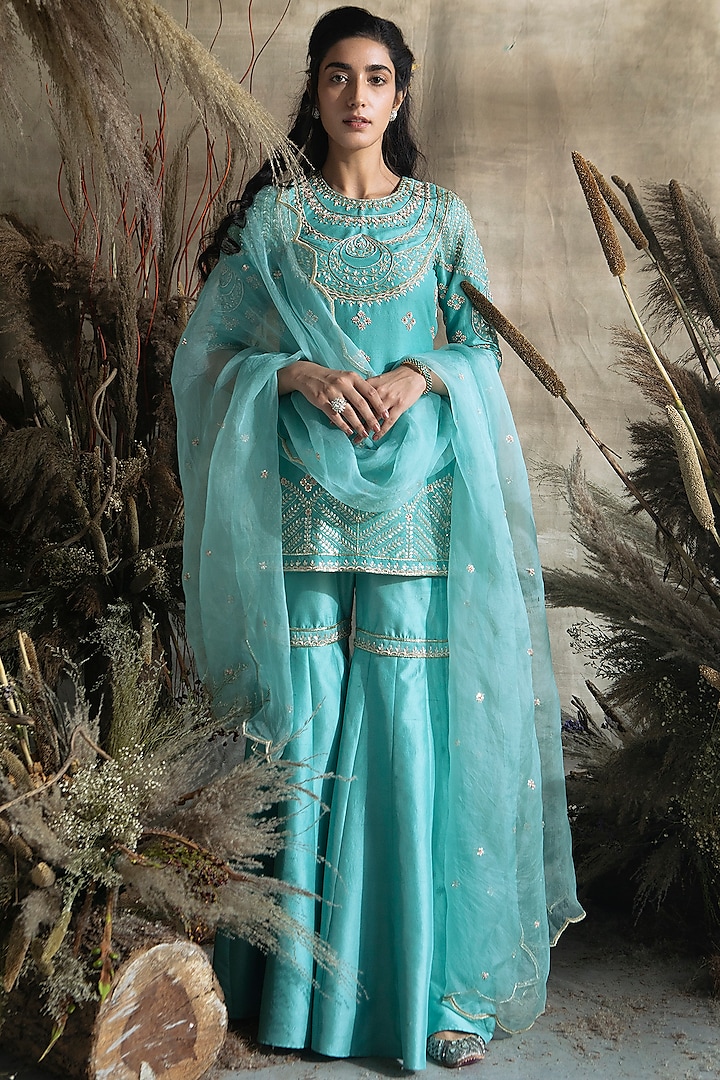Turquoise Embroidered Gharara Set by Rachit Khanna