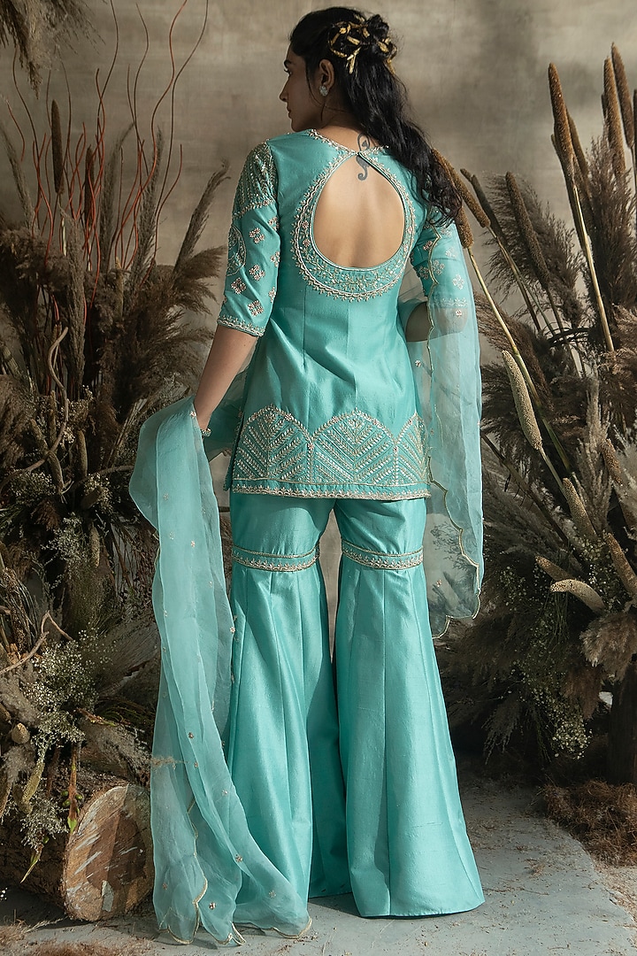 Turquoise Embroidered Gharara Set by Rachit Khanna at Pernia's Pop Up Shop