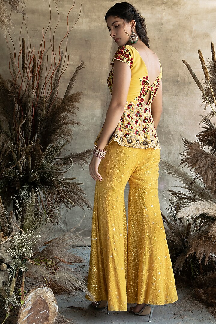 Yellow Lucknowi Embroidered Gharara Set by Rachit Khanna at Pernia's Pop Up Shop