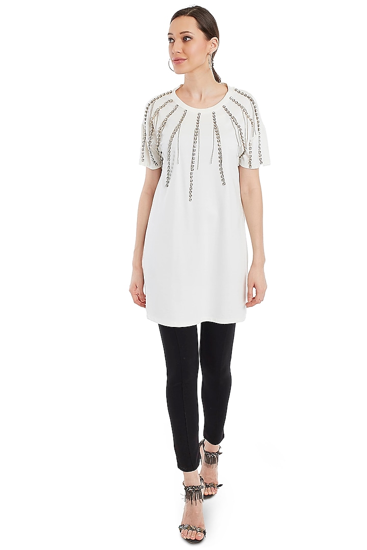 White Crystals Embellished T-Shirt by Rocky Star