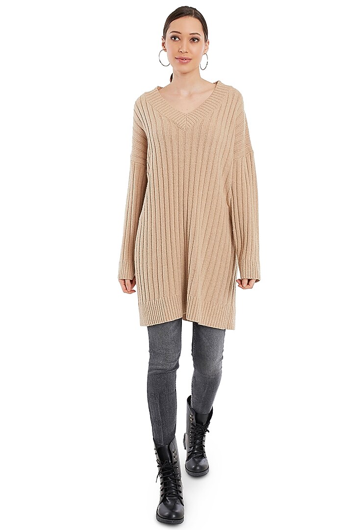 Beige Knitted Long Top by Rocky Star at Pernia's Pop Up Shop