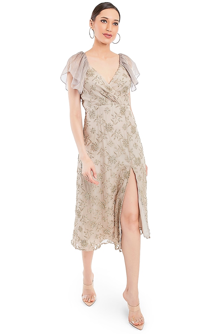 Gold & Beige Embroidered Frill Dress by Rocky Star at Pernia's Pop Up Shop