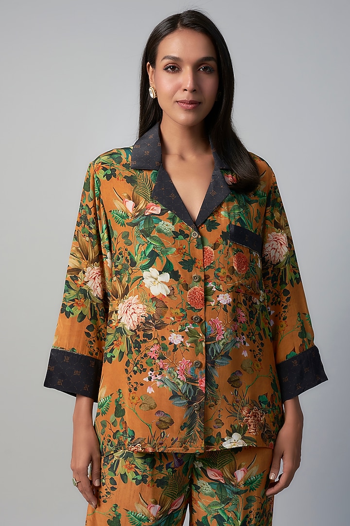 Rust Polyester Crepe Botanical Printed Co-Ord Set by Rocky Star at Pernia's Pop Up Shop
