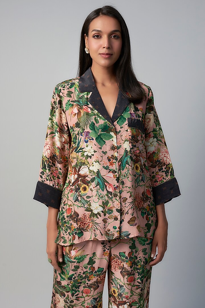 Pink Polyester Crepe Botanical Printed Co-Ord Set by Rocky Star at Pernia's Pop Up Shop