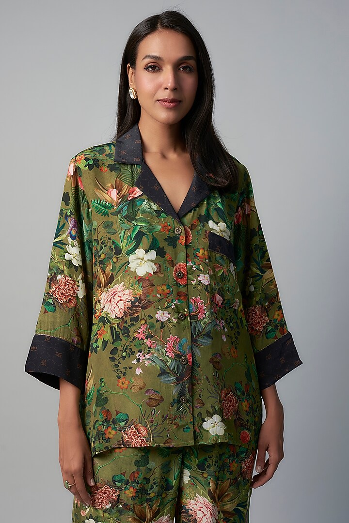 Olive Polyester Crepe Botanical Printed Co-Ord Set by Rocky Star at Pernia's Pop Up Shop