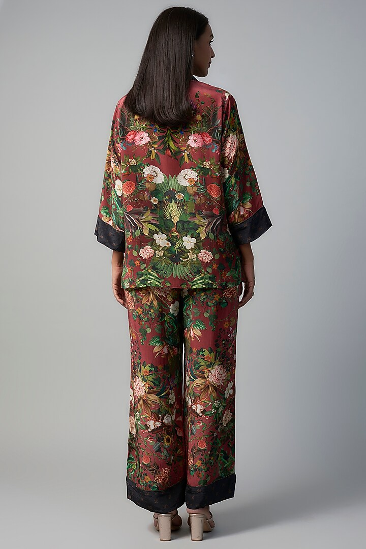 Wine Polyester Crepe Botanical Printed Co-Ord Set by Rocky Star at Pernia's Pop Up Shop