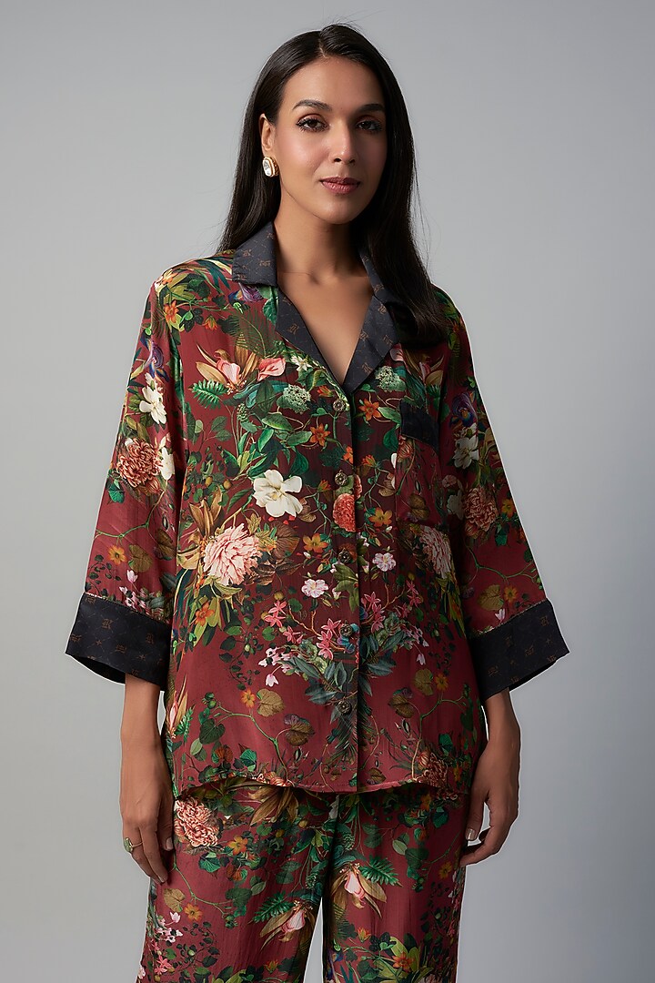 Wine Polyester Crepe Botanical Printed Co-Ord Set by Rocky Star at Pernia's Pop Up Shop