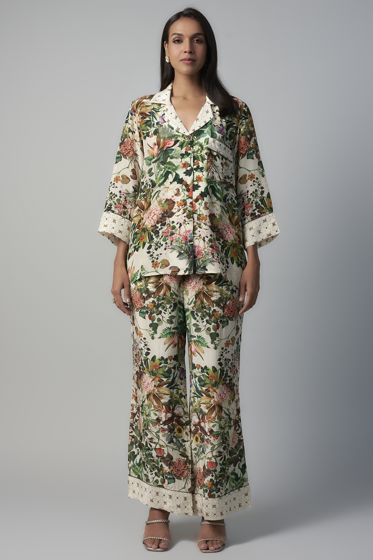 White Polyester Crepe Botanical Printed Co-Ord Set by Rocky Star at Pernia's Pop Up Shop