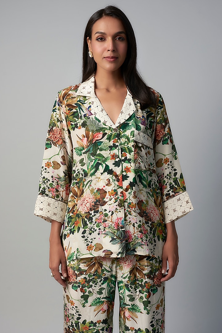 White Polyester Crepe Botanical Printed Co-Ord Set by Rocky Star at Pernia's Pop Up Shop