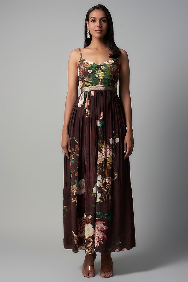 Wine Polyester Crepe Botanical Printed Maxi Dress by Rocky Star at Pernia's Pop Up Shop