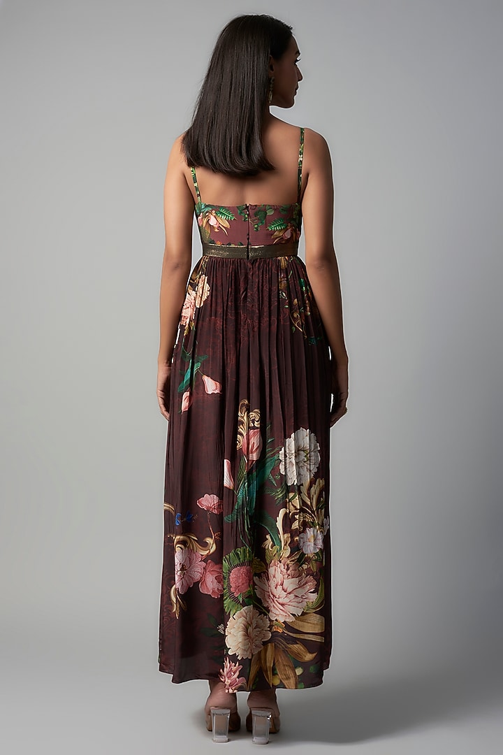 Wine Polyester Crepe Botanical Printed Maxi Vacation Dress by Rocky Star at Pernia's Pop Up Shop