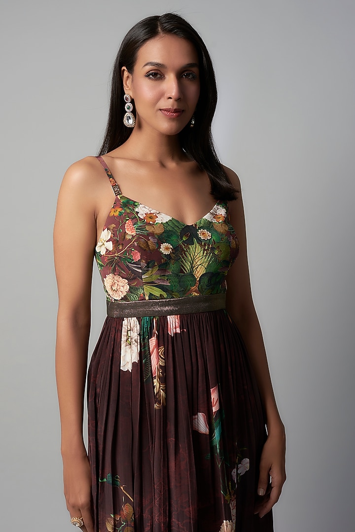 Wine Polyester Crepe Botanical Printed Maxi Vacation Dress by Rocky Star at Pernia's Pop Up Shop