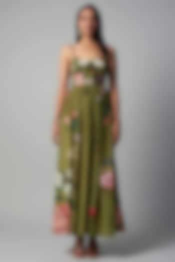 Olive Polyester Crepe Botanical Printed Maxi Dress by Rocky Star at Pernia's Pop Up Shop