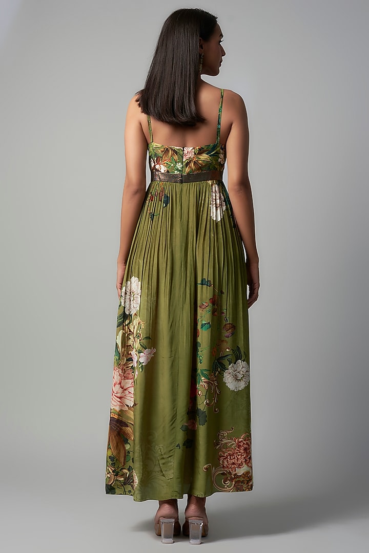 Olive Polyester Crepe Botanical Printed Maxi Vacation Dress by Rocky Star at Pernia's Pop Up Shop