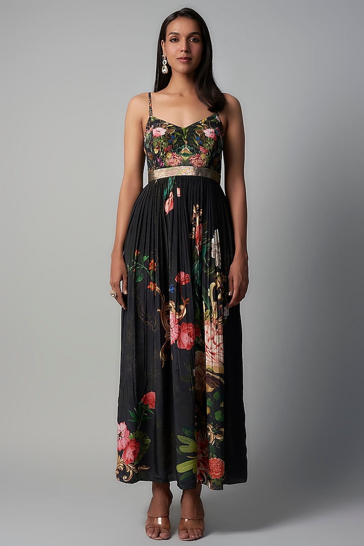 Black Polyester Crepe Botanical Printed Maxi Dress by Rocky Star