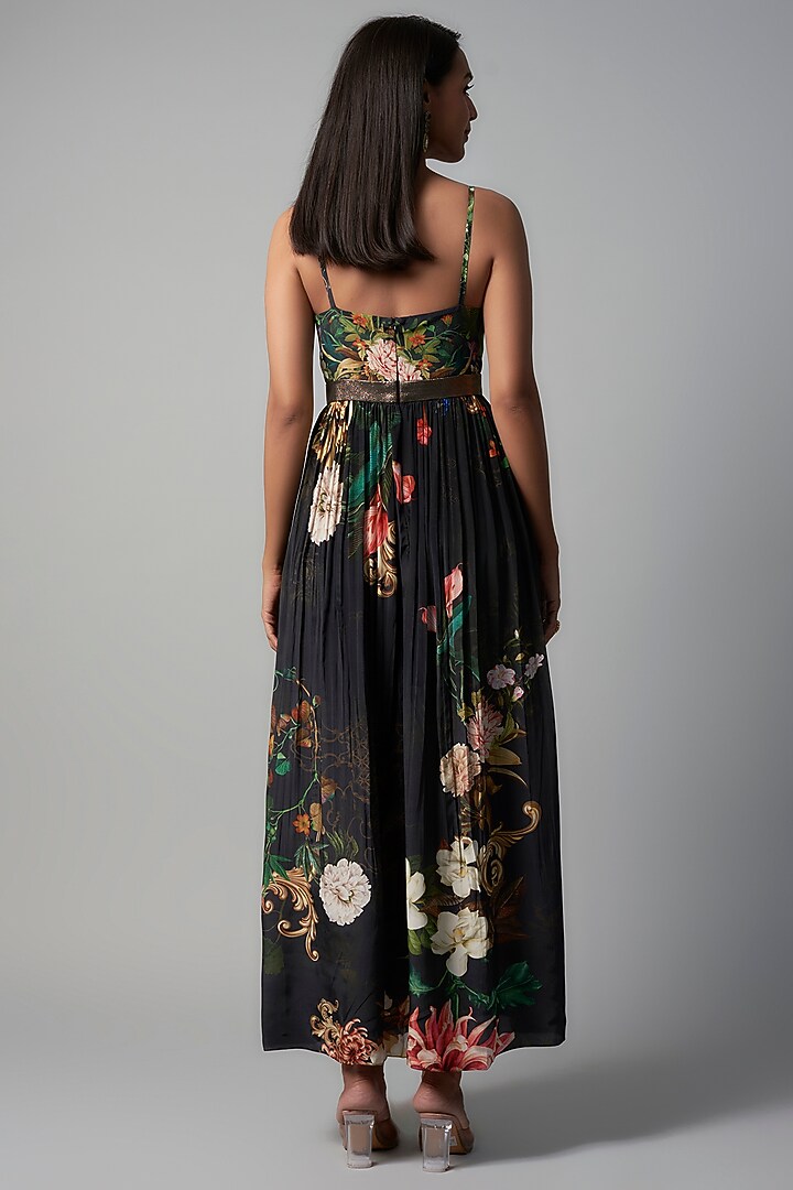 Black Polyester Crepe Botanical Printed Maxi Vacation Dress by Rocky Star at Pernia's Pop Up Shop