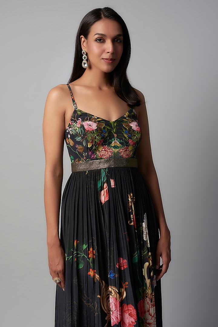 Black Polyester Crepe Botanical Printed Maxi Vacation Dress by Rocky Star at Pernia's Pop Up Shop