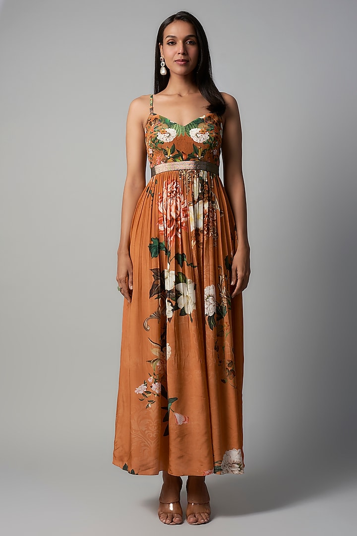 Rust Polyester Crepe Botanical Printed Maxi Dress by Rocky Star at Pernia's Pop Up Shop