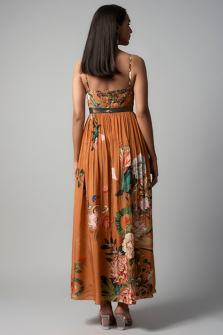 Rust Polyester Crepe Botanical Printed Maxi Vacation Dress by Rocky Star at Pernia's Pop Up Shop