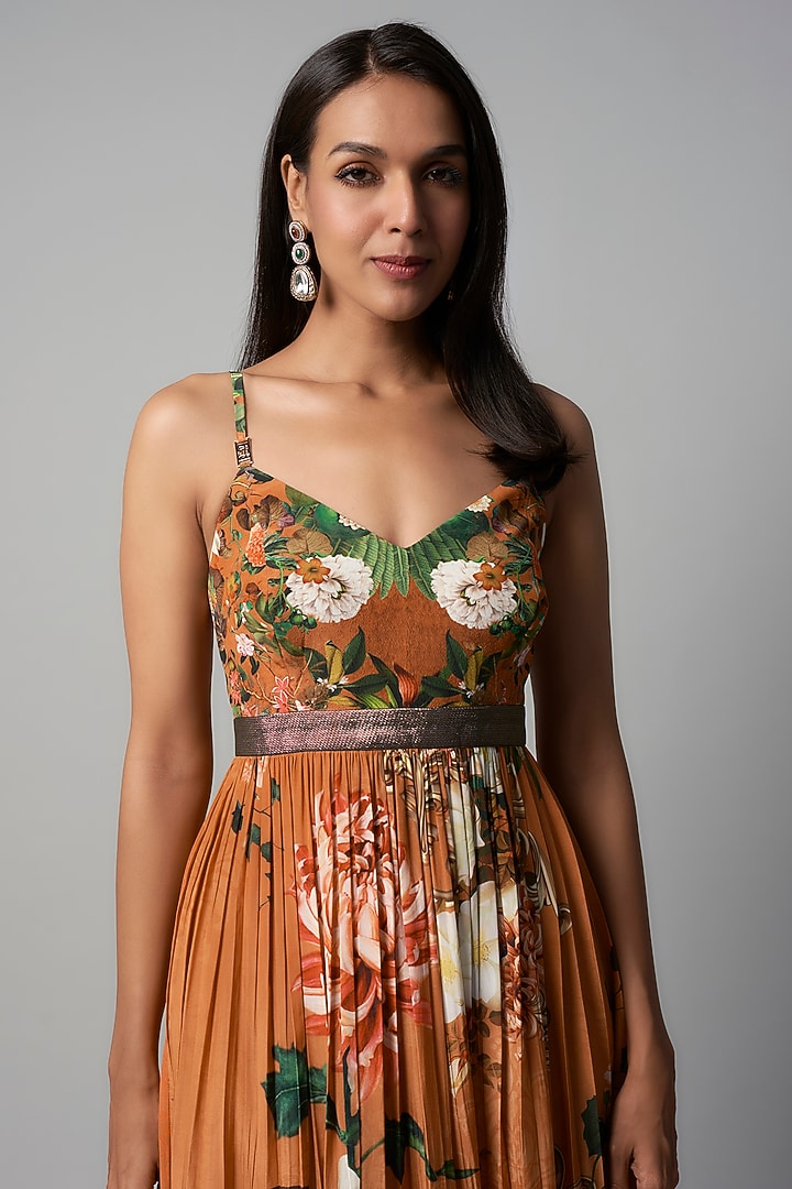 Rust Polyester Crepe Botanical Printed Maxi Vacation Dress by Rocky Star at Pernia's Pop Up Shop