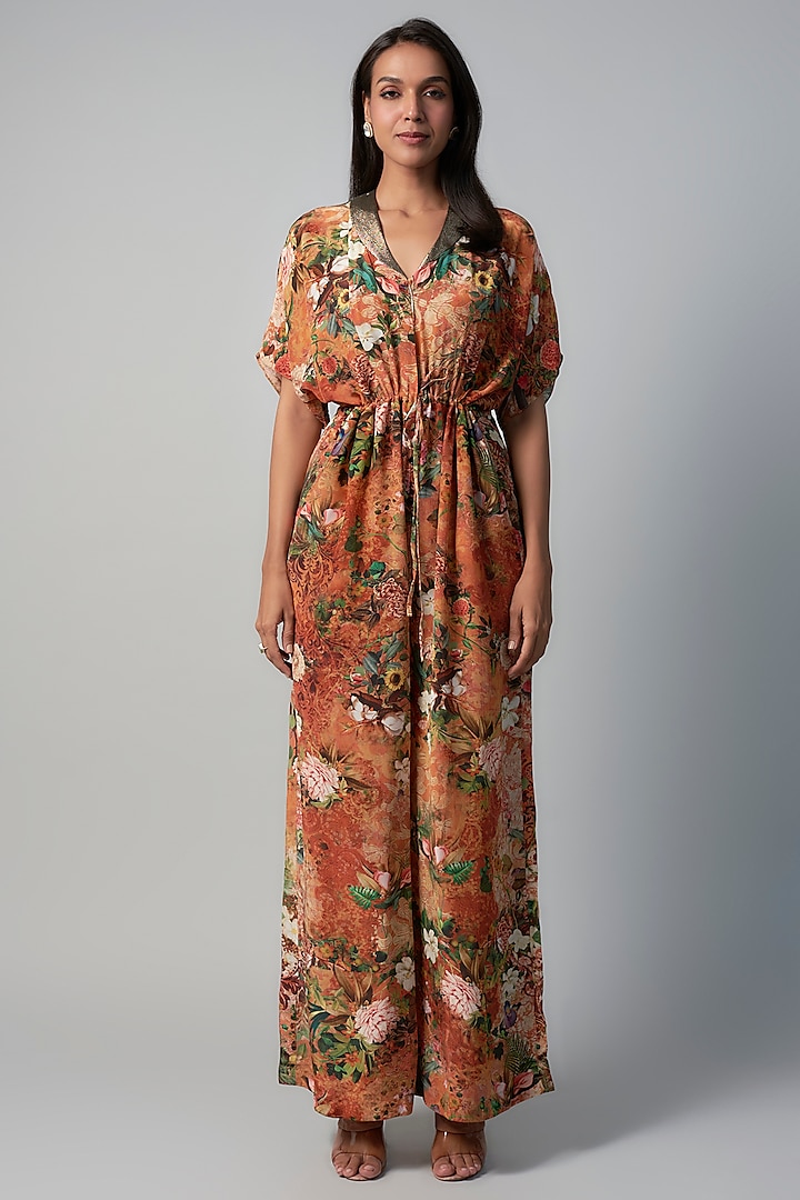 Rust Polyester Crepe Botanical Printed Jumpsuit by Rocky Star at Pernia's Pop Up Shop