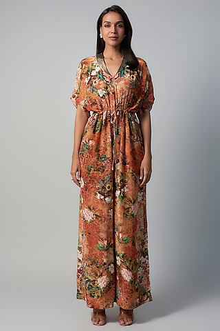 Rust Polyester Crepe Botanical Printed Jumpsuit by Rocky Star