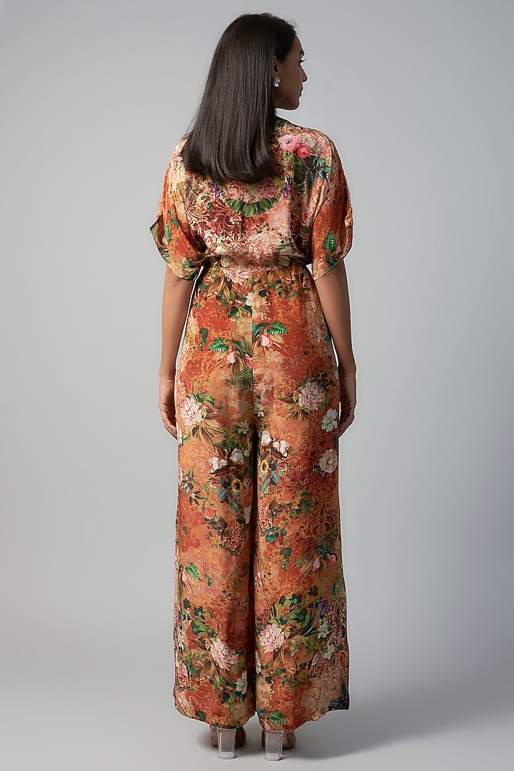Rust Polyester Crepe Botanical Printed Jumpsuit by Rocky Star at Pernia's Pop Up Shop
