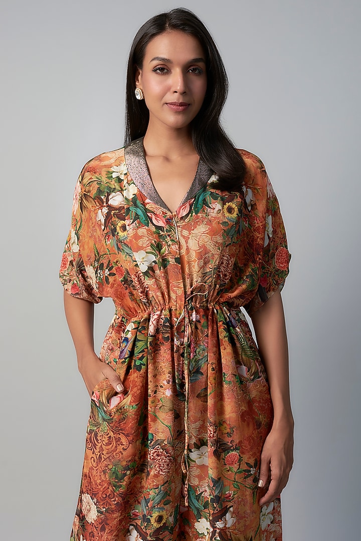 Rust Polyester Crepe Botanical Printed Jumpsuit by Rocky Star at Pernia's Pop Up Shop