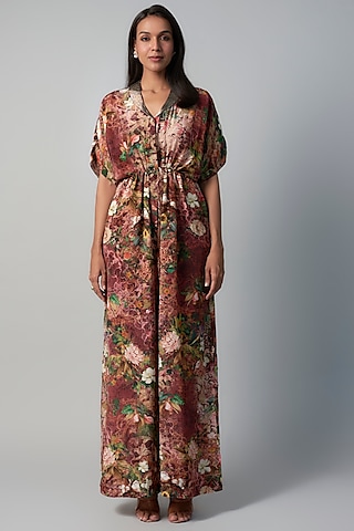 Wine Polyester Crepe Botanical Printed Jumpsuit by Rocky Star