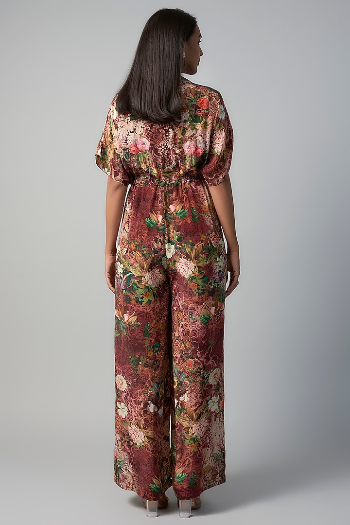 Wine Polyester Crepe Botanical Printed Jumpsuit by Rocky Star at Pernia's Pop Up Shop