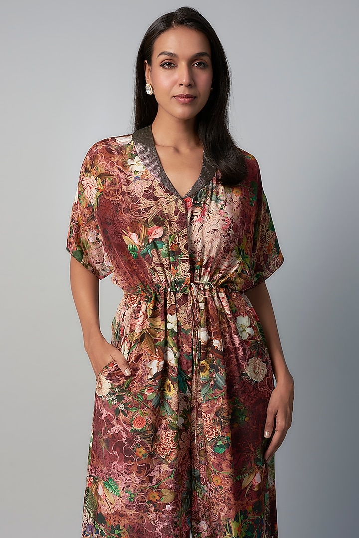 Wine Polyester Crepe Botanical Printed Jumpsuit by Rocky Star at Pernia's Pop Up Shop