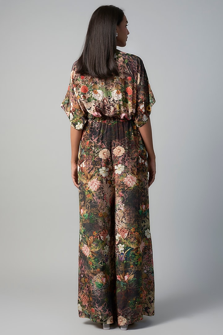Black Polyester Crepe Botanical Printed Jumpsuit by Rocky Star at Pernia's Pop Up Shop