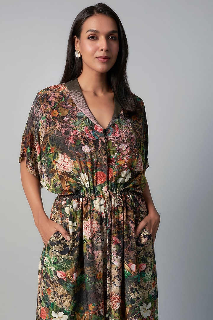 Black Polyester Crepe Botanical Printed Jumpsuit by Rocky Star at Pernia's Pop Up Shop