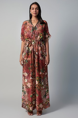 Peach Polyester Crepe Botanical Printed Jumpsuit by Rocky Star
