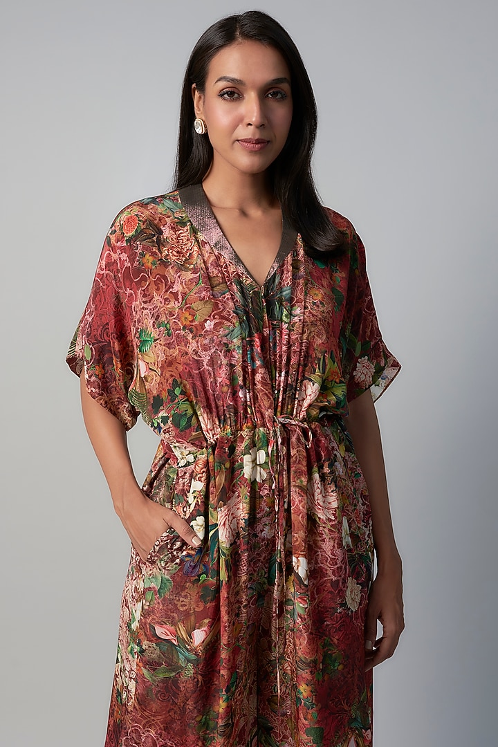 Peach Polyester Crepe Botanical Printed Jumpsuit by Rocky Star at Pernia's Pop Up Shop