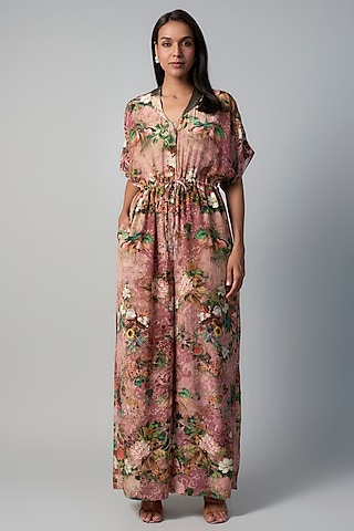 Pink Polyester Crepe Botanical Printed Jumpsuit by Rocky Star
